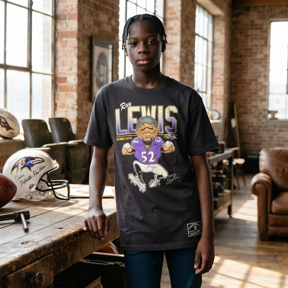 Mitchell & Ness Mens T Shirt Large Black Ray Lewis Ravens Caricature Graphic NWT
